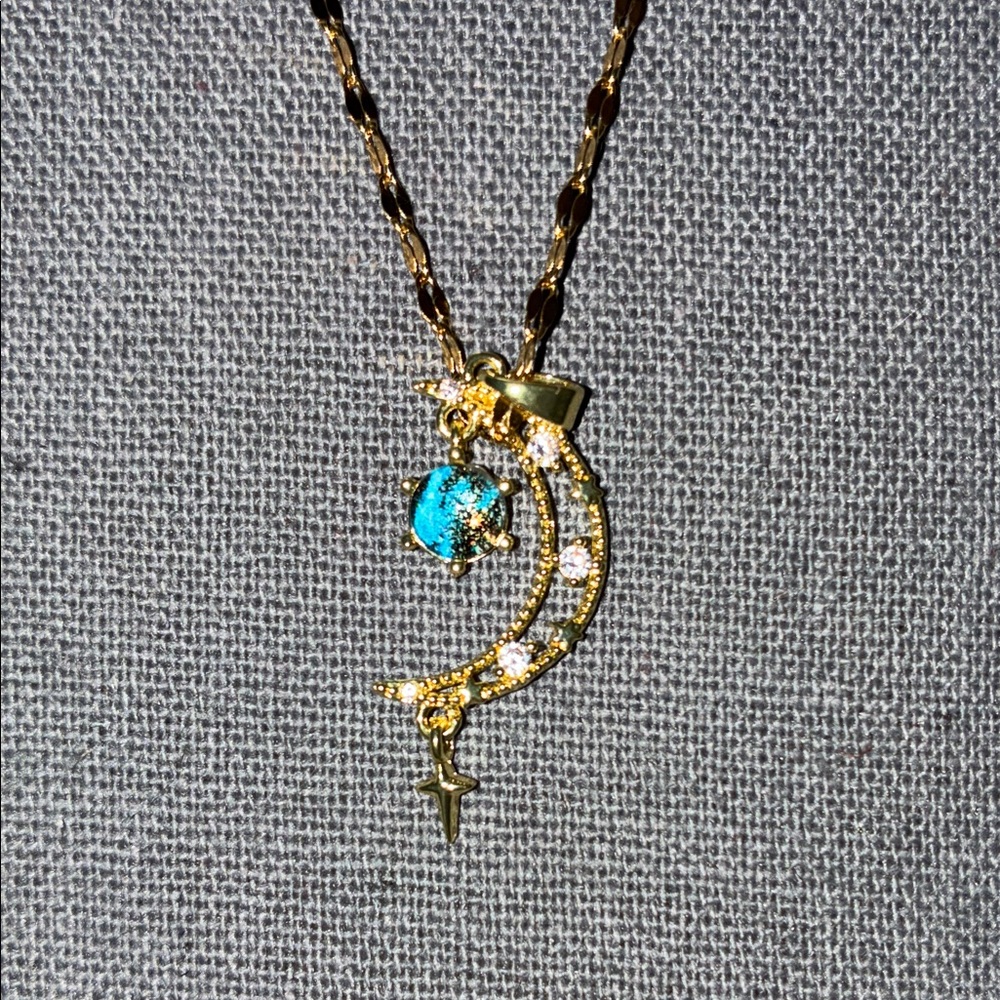 Gold and Turquoise Crescent Moon Pendant Necklace
